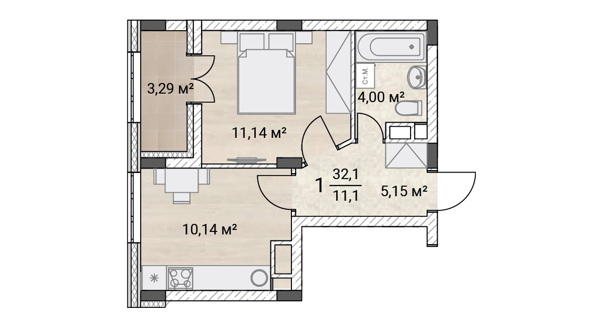 1-комнатная квартира классической планировки