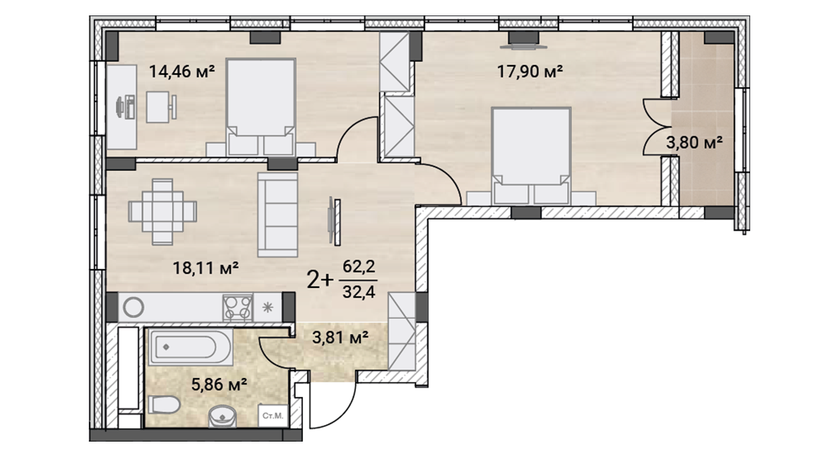 2-комнатная квартира европейской планировки